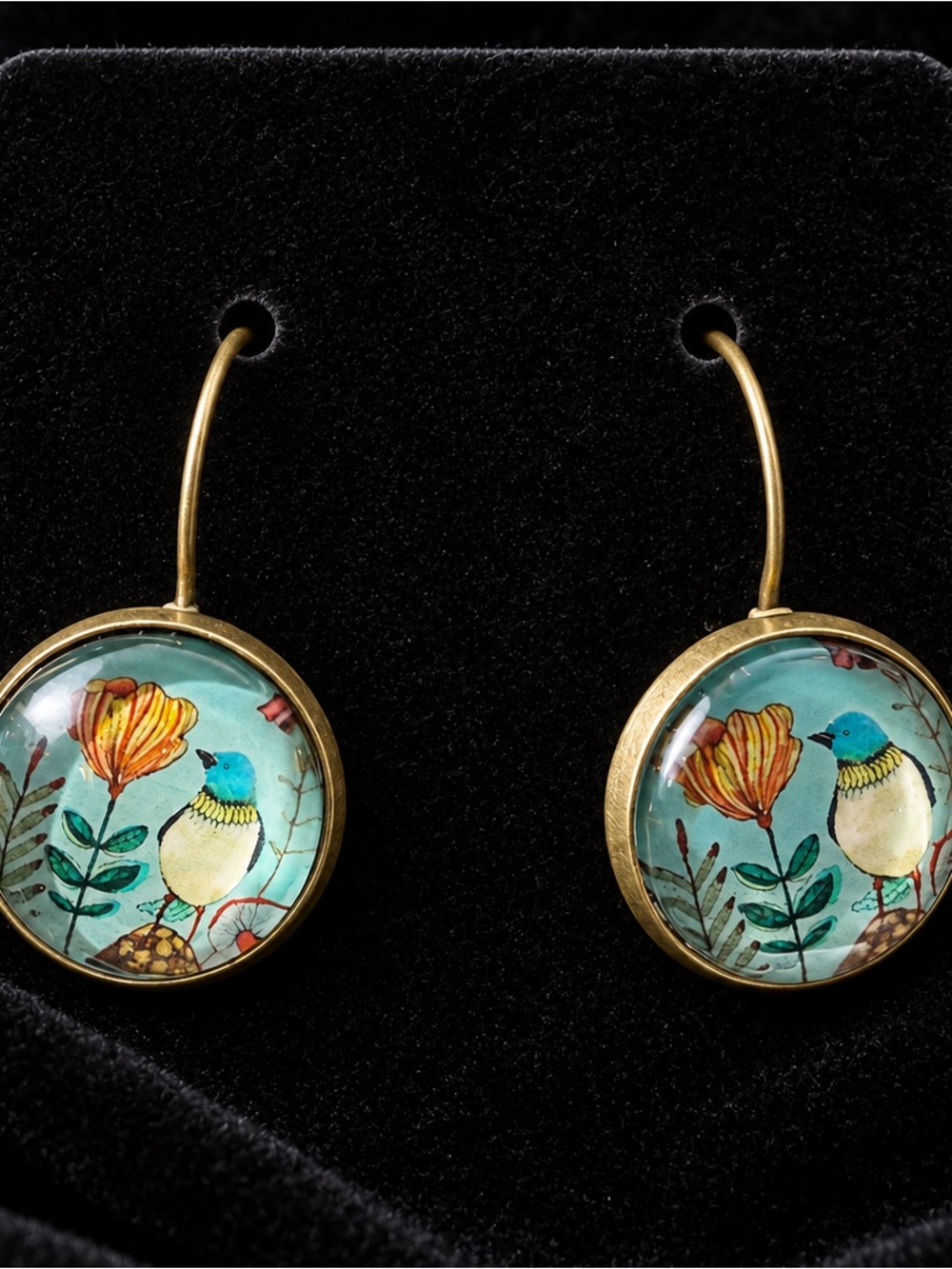 Copper Color Bird and Flower Earrings Lock Back